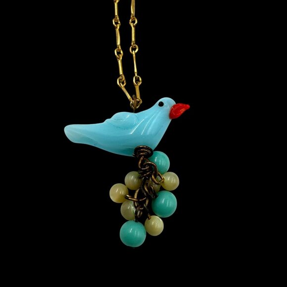 Vintage Lenora Dame Art Glass Blue Bird Sitting on Eggs Pendant Necklace Gold To - Picture 6 of 16